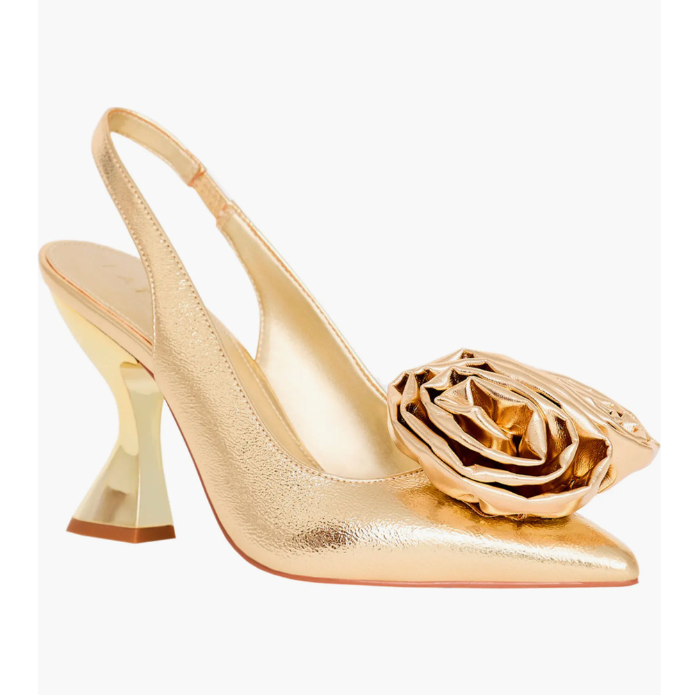 NEW KATY PERRY GOLD THE LATERR HIGH FLOWER SLINGBACK PUMPS HIGH HEELS SHOES 5.5 - Picture 2 of 9